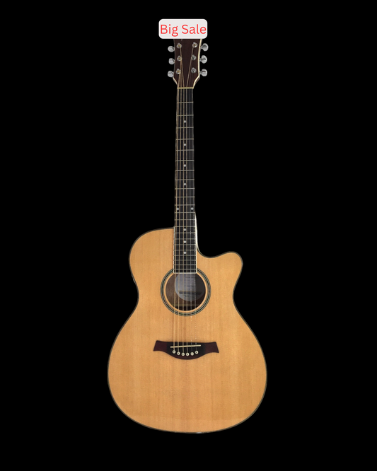 Haze F560CEQN Spruce Top Built-In Pickup/Tuner OM Cutaway Acoustic Guitar - Natural