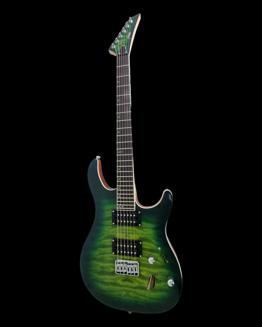 Haze Double Cut HH Maple Neck Quilted Art HRG Electric Guitar - Green HZPRESTIGEBGR