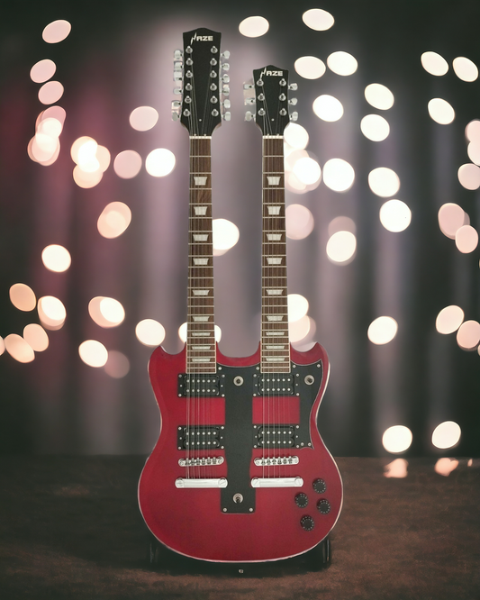 Haze Double Neck 12-String & 6-String HH Humbuckers HSG Electric Guitar - Red PBE19010DB