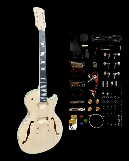 E329DIY Semi-Hollow Basswood Body Maple Set-Neck HLP H-H Electric Guitar DIY Kit - Complete No-Soldering w/ 3-Ply Ebony Trims & Chrome Hardware