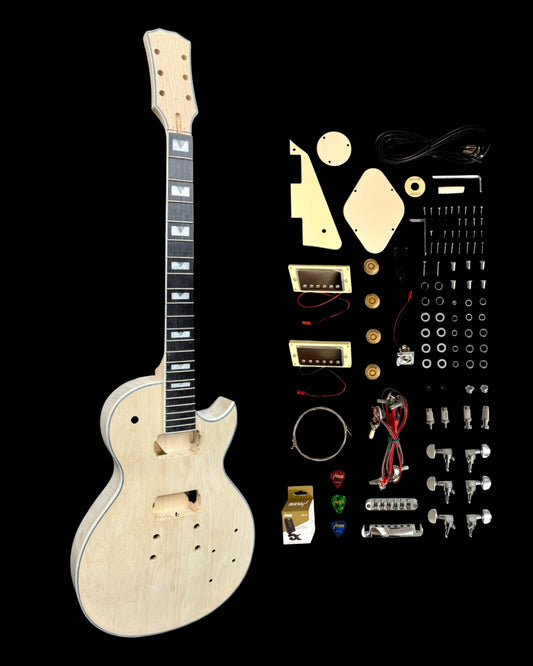 E238DIY Arched Top Solid Basswood Body Maple Set-Neck HLP H-H Electric Guitar DIY Kit - Complete No-Soldering w/ 3-Ply Ivory Trims & Chrome Hardware