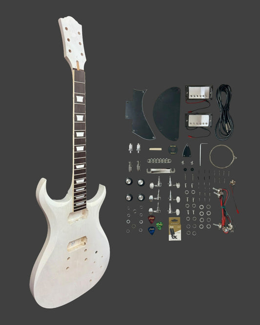 E575DIY White-Primed Poplar Body Set-Neck HGS H-H Electric Guitar DIY Kit - Complete No-Soldering w/ 3-Ply Ebony Trims & Chrome Hardware