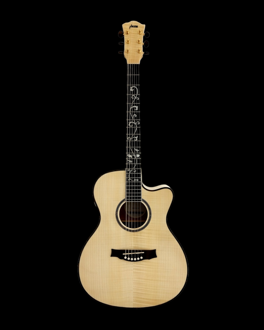 Haze SDG837SPCEQN All Flame Maple with Double OS1 Vibration Pickup Cutaway Acoustic Guitar - Natural