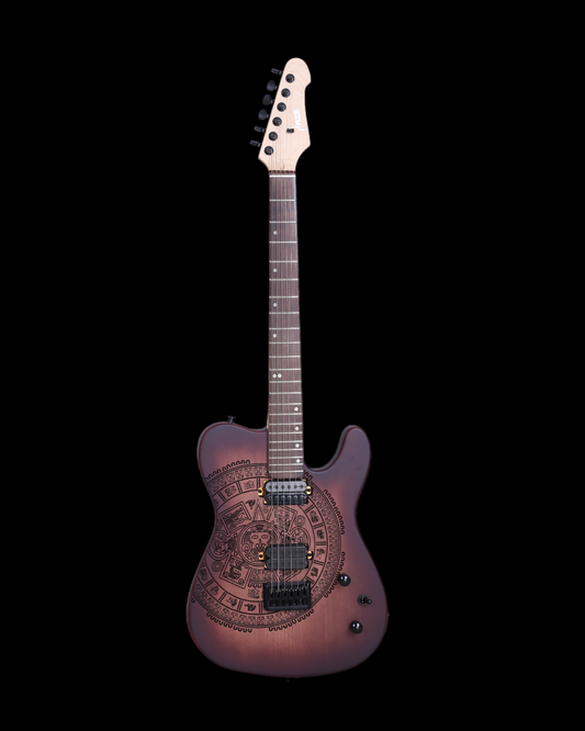 Haze Aztec Sun Engraved Mahogany HTL Electric Guitar - Dark Natural TL19720