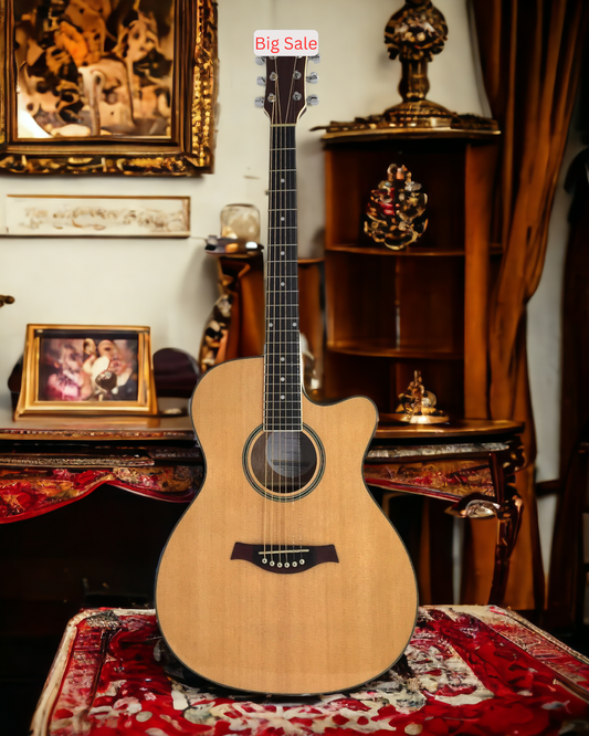 Haze F560CEQN Spruce Top Built-In Pickup/Tuner OM Cutaway Acoustic Guitar - Natural