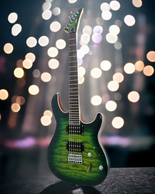 Haze Double Cut HH Maple Neck Quilted Art HRG Electric Guitar - Green HZPRESTIGEBGR