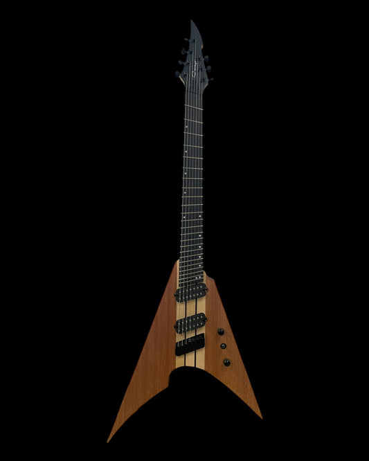 Caraya The Phantom 7-String V-Shaped Electric Guitar Okoume with Fanned Fret and Belcat Humbucker Pickups (FV7MS)