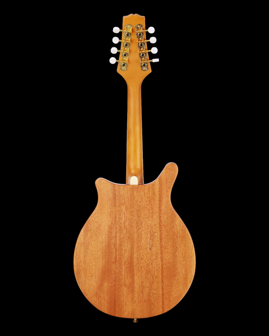 Caraya Modern Twist Electric Mandolin Solid Okoume Paulownia with Bevelled Edges in Sunburst Finish and Gold (DMA40E)