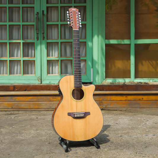 Haze SDG82712CEQSN 12-String Saddle Height Adjustable Built-In Pickup/Tuner Acoustic Guitar - Natural
