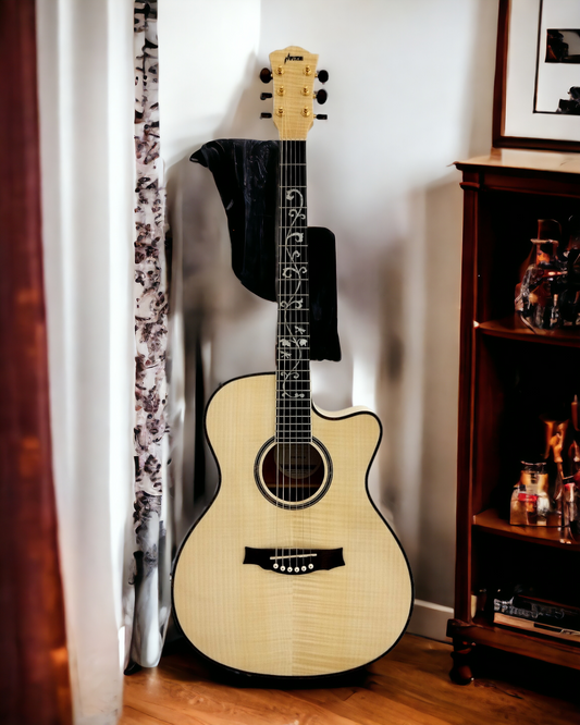 Haze SDG837SPCEQN All Flame Maple with Double OS1 Vibration Pickup Cutaway Acoustic Guitar - Natural