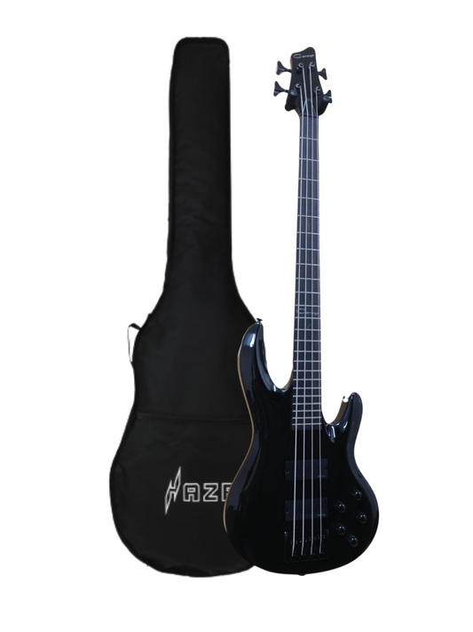 Haze SPB3270BK Fretless 4-String Electric Bass Guitar, Black, Neck-Thru + Free Gig Bag