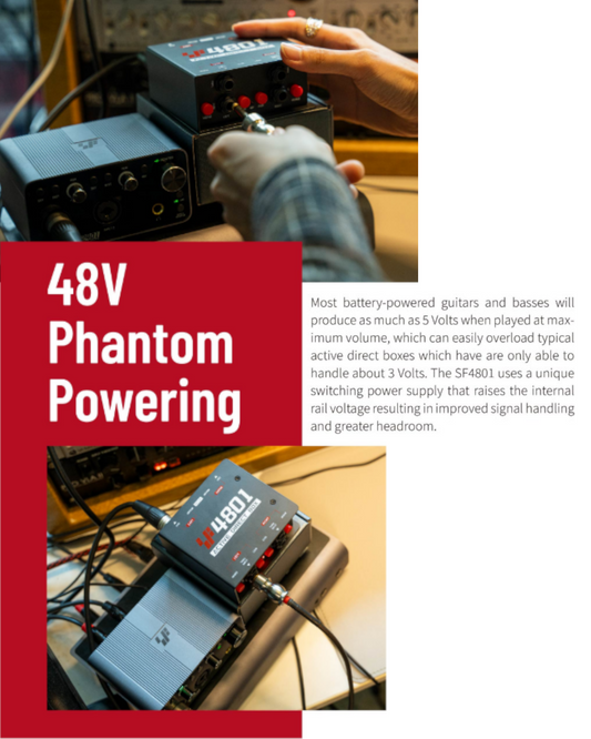 Simplefly SF4801 Active Dual-Channel DI Box : 48V Phantom Powered / 6.35mm to XLR Input / REV180° / Ground Lift Switch