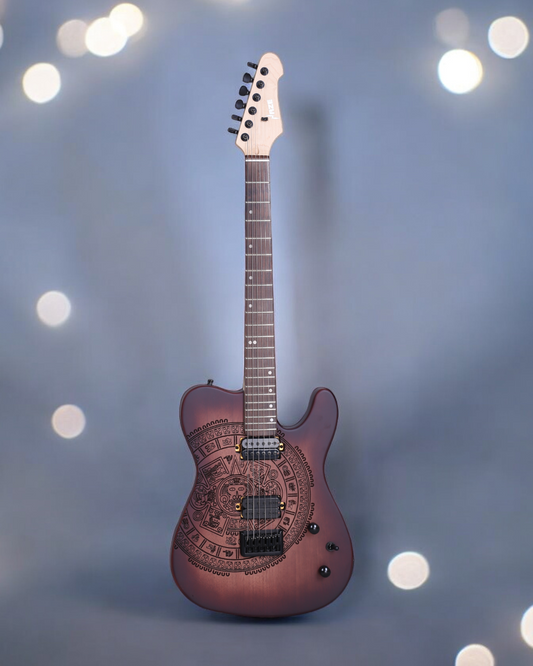 Haze Aztec Sun Engraved Mahogany HTL Electric Guitar - Dark Natural TL19720