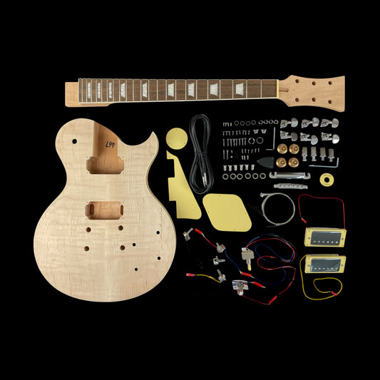 Solid Flame Maple Top Mahogany HLP H-H Electric Guitar DIY Kit - Ivory Trims & Chrome Hardware - Complete No-Soldering (LPM385SFMDIY)