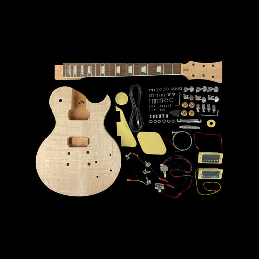 Solid Flame Maple Top Mahogany HLP H-H Electric Guitar DIY Kit - Ivory Trims & Chrome Hardware - Complete No-Soldering (LPM385SFMDIY)