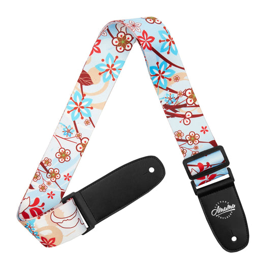 Amumu PC05P White Lily Flower Light Blue Polyester Cotton Guitar Strap